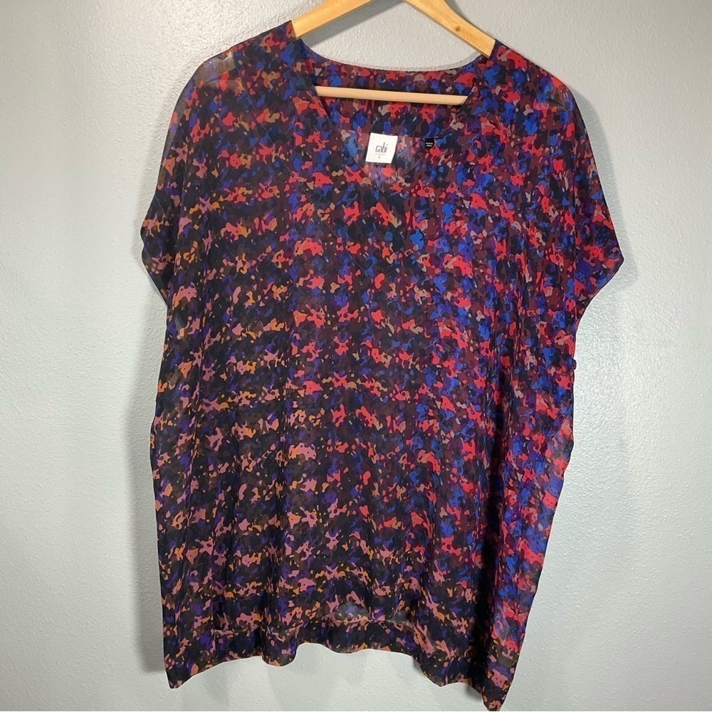 Cabi Purple Print Cap Sleeve Abstract Sheer Size Large Short Sleeve Top T117